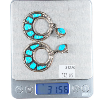 Vintage G&L Leekity Zuni sterling silver turquoise cluster dangle hoop earrings