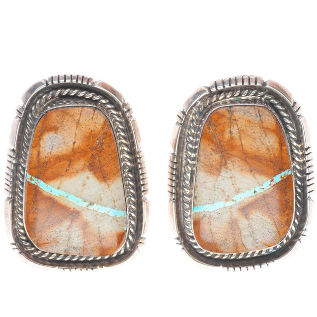 JH Navajo sterling silver ribbon boulder turquoise large earrings