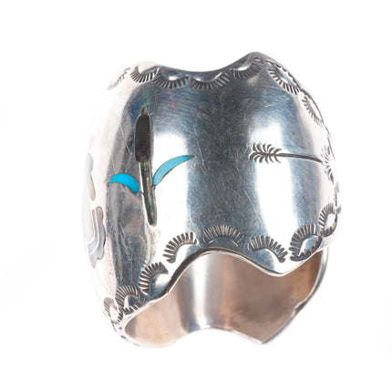 6.25" W Silvers Vintage Navajo sterling silver wide duck inlay cuff bracelet