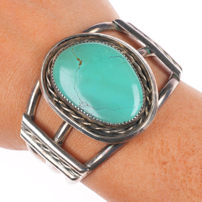 6.3" Vintage Navajo sterling silver green turquoise cuff bracelet