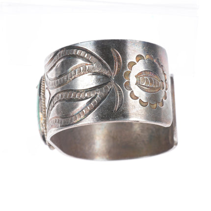 7" c1940 Vintage Navajo intricately stamped/chiseled cuff bracelet w/ turquoise