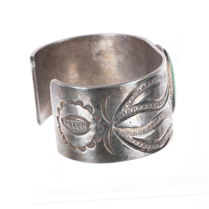 7" c1940 Vintage Navajo intricately stamped/chiseled cuff bracelet w/ turquoise