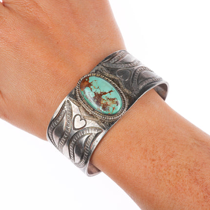 7" c1940 Vintage Navajo intricately stamped/chiseled cuff bracelet w/ turquoise