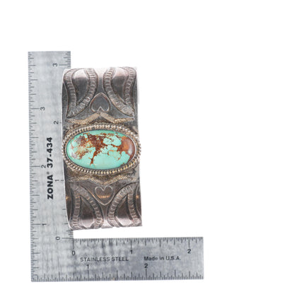 7" c1940 Vintage Navajo intricately stamped/chiseled cuff bracelet w/ turquoise
