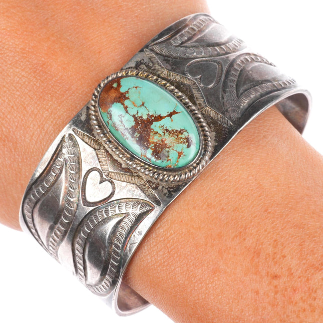 7" c1940 Vintage Navajo intricately stamped/chiseled cuff bracelet w/ turquoise