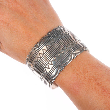 6.8" Vintage Navajo sterling silver wide band heavy stamped cuff bracelet