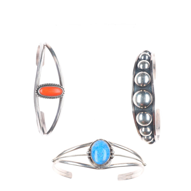 6.5" Vintage Navajo/Mexican sterling silver coral/denim lapis cuff bracelet