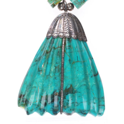 Vintage Zuni/Santo Domingo sterling silver carved turquoise leaf Heishi necklace