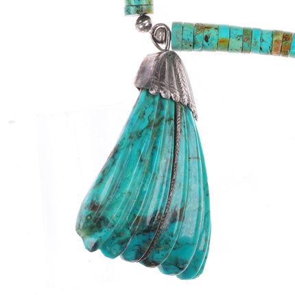 Vintage Zuni/Santo Domingo sterling silver carved turquoise leaf Heishi necklace