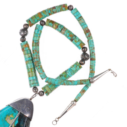 Vintage Zuni/Santo Domingo sterling silver carved turquoise leaf Heishi necklace