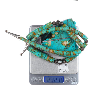 Vintage Zuni/Santo Domingo sterling silver carved turquoise leaf Heishi necklace