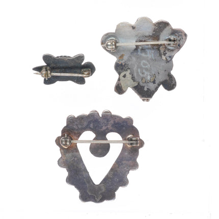 3 Vintage Zuni/Navajo sterling silver turtle/Chief/Heart pins turquoise/inlay