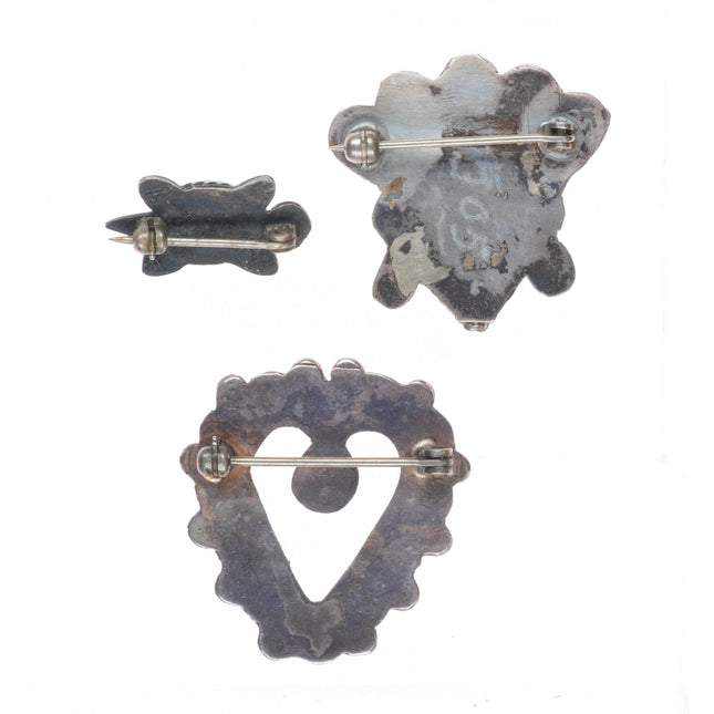 3 Vintage Zuni/Navajo sterling silver turtle/Chief/Heart pins turquoise/inlay