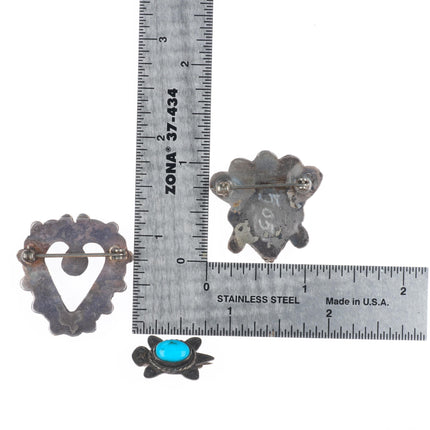 3 Vintage Zuni/Navajo sterling silver turtle/Chief/Heart pins turquoise/inlay
