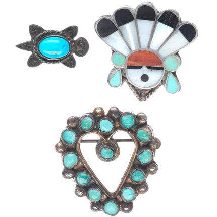 3 Vintage Zuni/Navajo sterling silver turtle/Chief/Heart pins turquoise/inlay