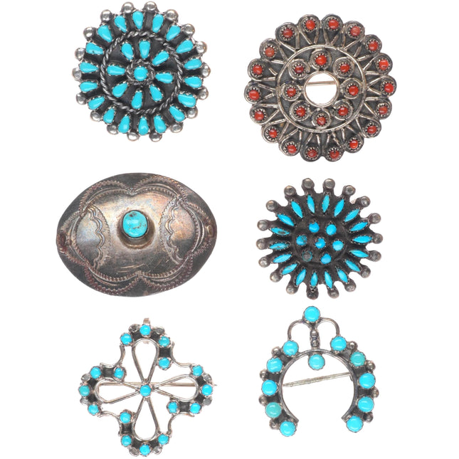 6 Vintage Zuni/Navajo sterling silver pendants/pins turquoise petit point