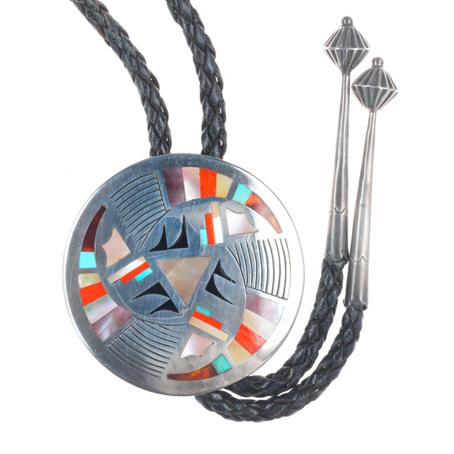 c1960 c-31 Big vintage Zuni sterling silver inlay bolo tie turquoise/coral