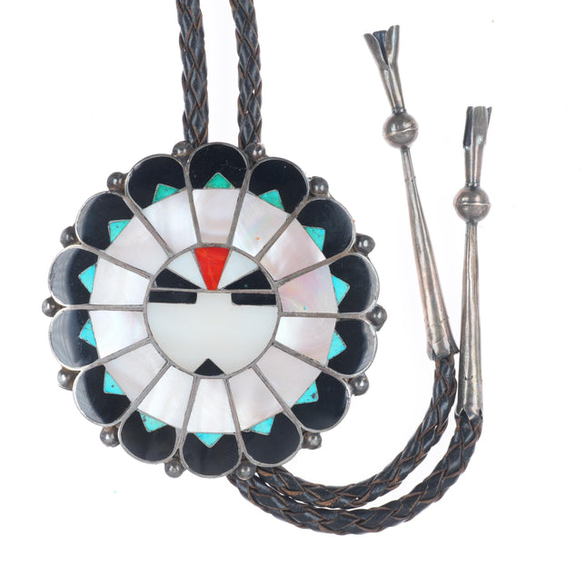 c1960 c-31 Big vintage Qualo Zuni sterling silver inlay bolo tie turquoise/coral