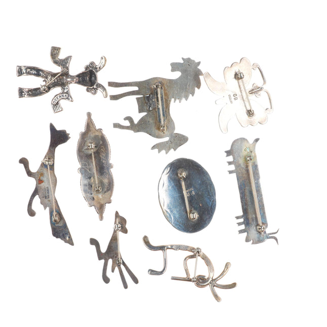 9 Vintage Zuni/Navajo sterling silver pendants/pins turquoise, coral, figural
