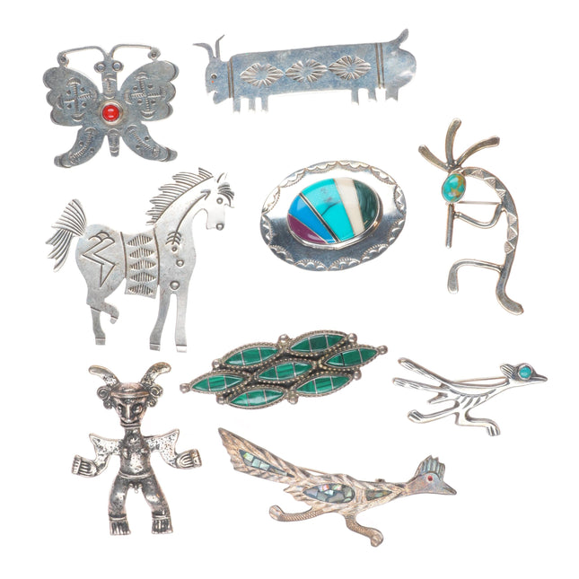 9 Vintage Zuni/Navajo sterling silver pendants/pins turquoise, coral, figural