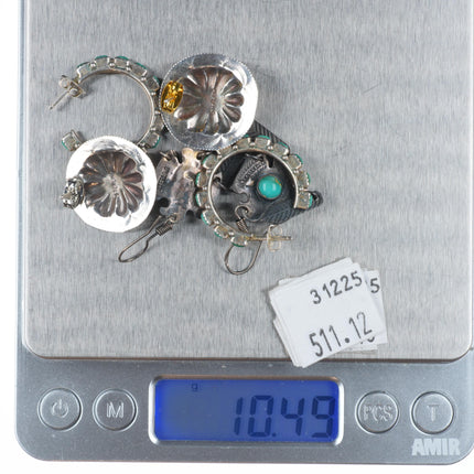 3pr Vintage Navajo/Zuni sterling silver thunderbird, petit point concho earrings