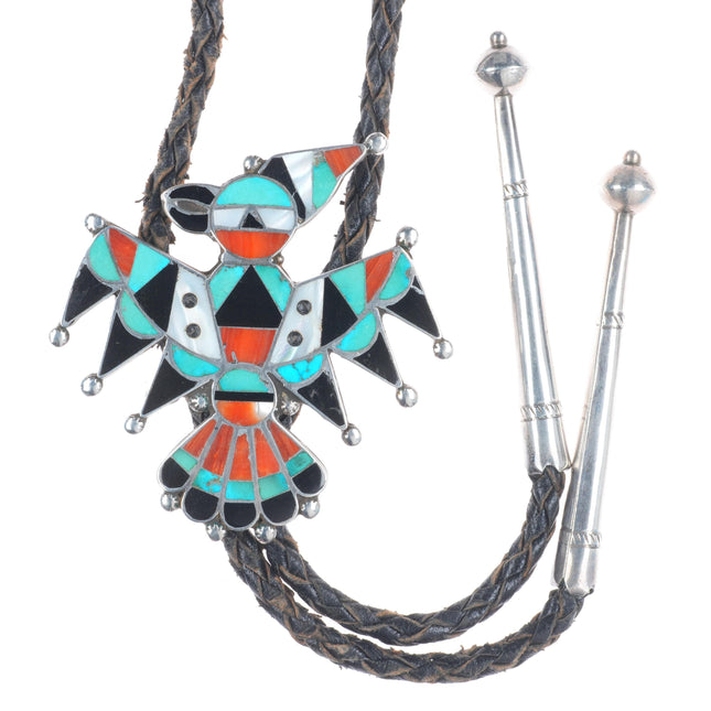 40's-50's Big Zuni thunderbird sterling silver, turquoise, coral bolo tie