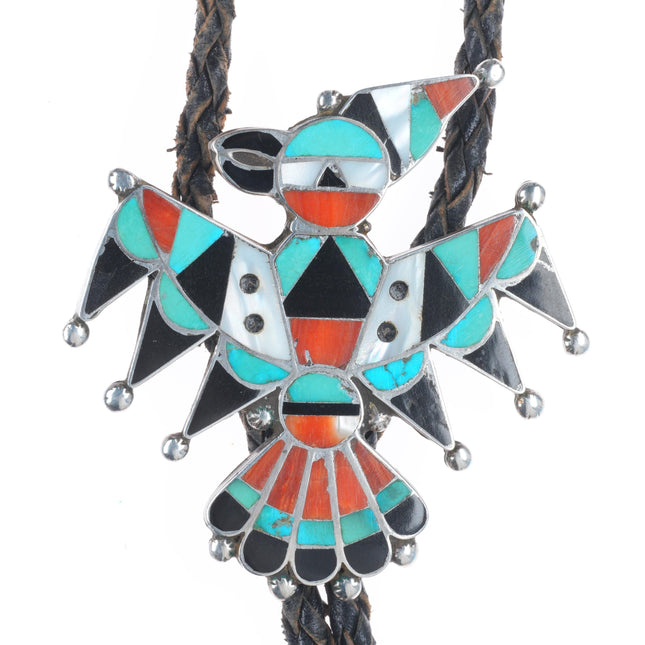 40's-50's Big Zuni thunderbird sterling silver, turquoise, coral bolo tie