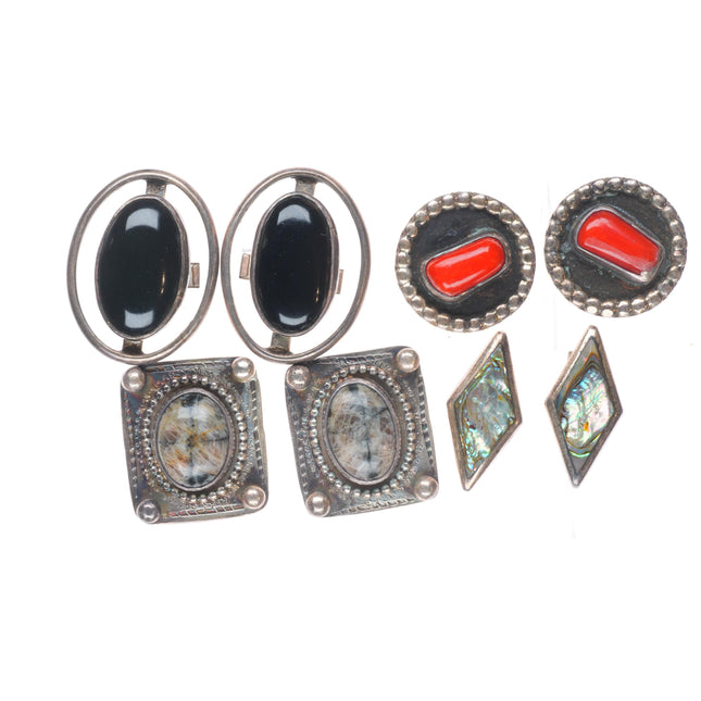 Vintage Southwestern sterling silver coral/Onyx/shell/jasper cufflinks lot