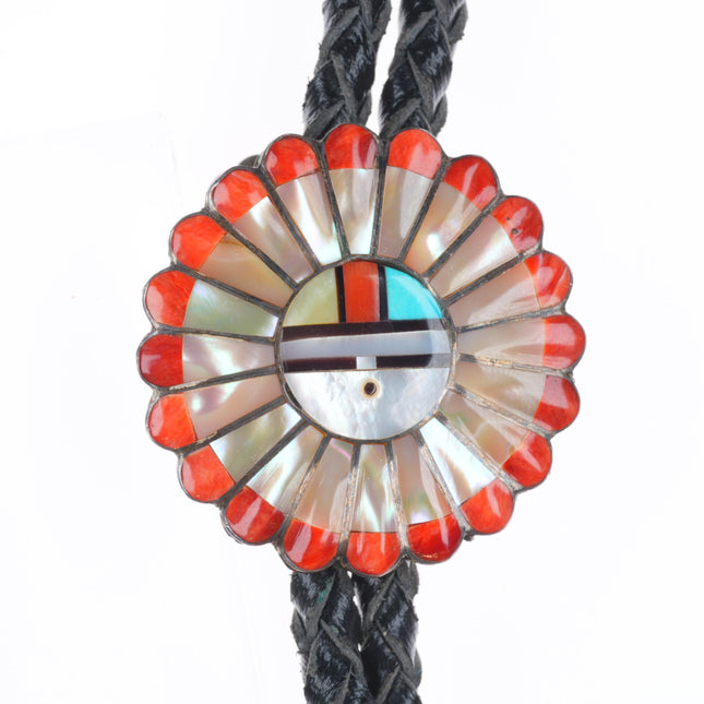 Vintage Zuni sterling silver shell/turquoise/coral inlay sunface bolo tie