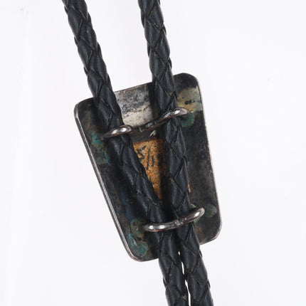 c1950 Vintage Navajo sterling silver waterweb turquoise bolo tie overlay style