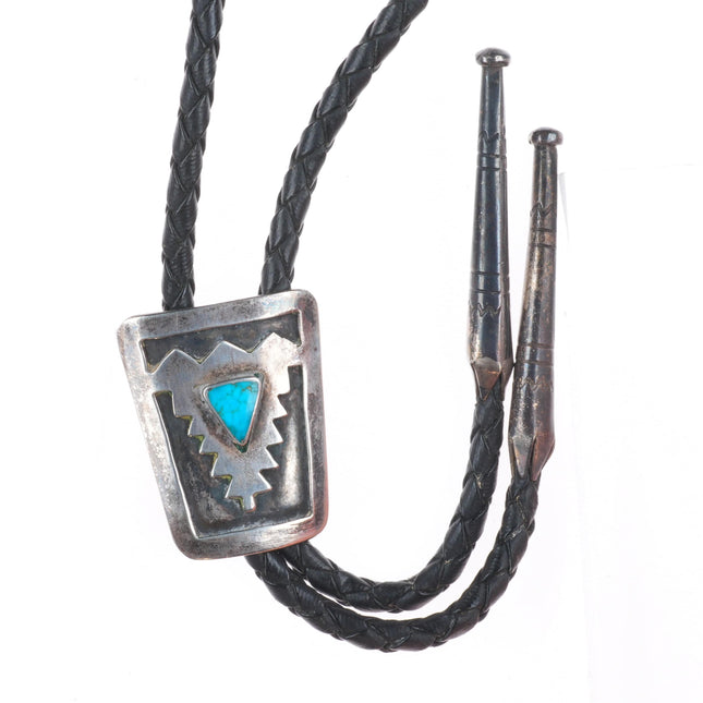 c1950 Vintage Navajo sterling silver waterweb turquoise bolo tie overlay style