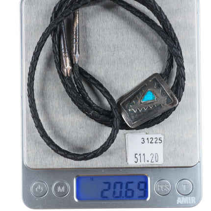 c1950 Vintage Navajo sterling silver waterweb turquoise bolo tie overlay style