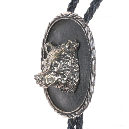 Heavy vintage 3D bear bust southwestern sterling silver bolo tie arrowhead tips