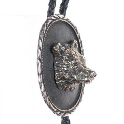 Heavy vintage 3D bear bust southwestern sterling silver bolo tie arrowhead tips