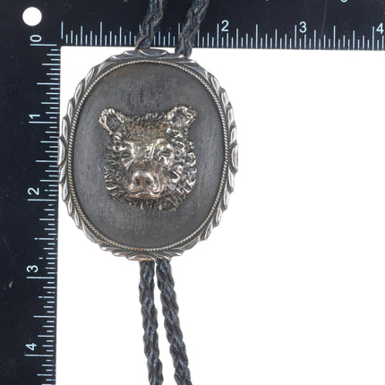 Heavy vintage 3D bear bust southwestern sterling silver bolo tie arrowhead tips