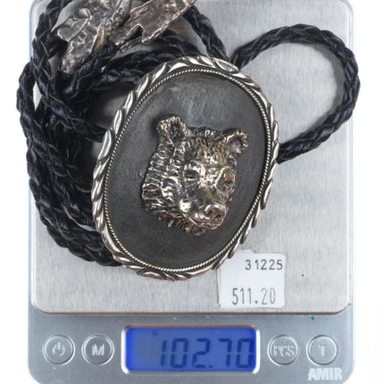Heavy vintage 3D bear bust southwestern sterling silver bolo tie arrowhead tips
