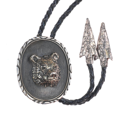 Heavy vintage 3D bear bust southwestern sterling silver bolo tie arrowhead tips