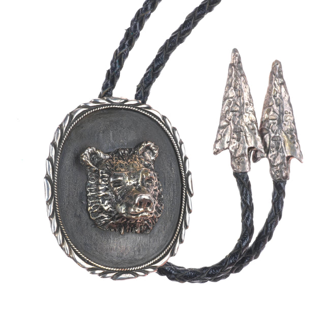 Heavy vintage 3D bear bust southwestern sterling silver bolo tie arrowhead tips