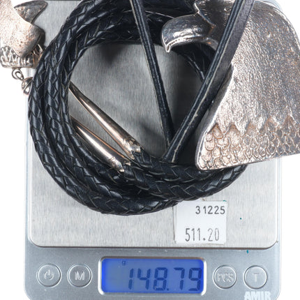 Heavy vintage southwestern sterling silver patriotic eagle bolo tie fancy tips