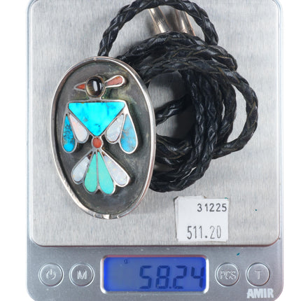 c1960 c-31 Zuni sterling silver turquoise/coral inlay thunderbird bolo tie