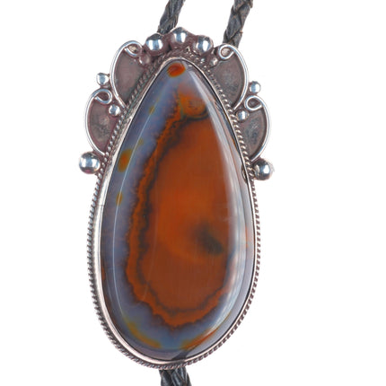 c1970 Big Ramon Native American sterling silver petrified Wood agate bolo tie