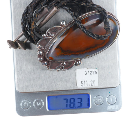 c1970 Big Ramon Native American sterling silver petrified Wood agate bolo tie