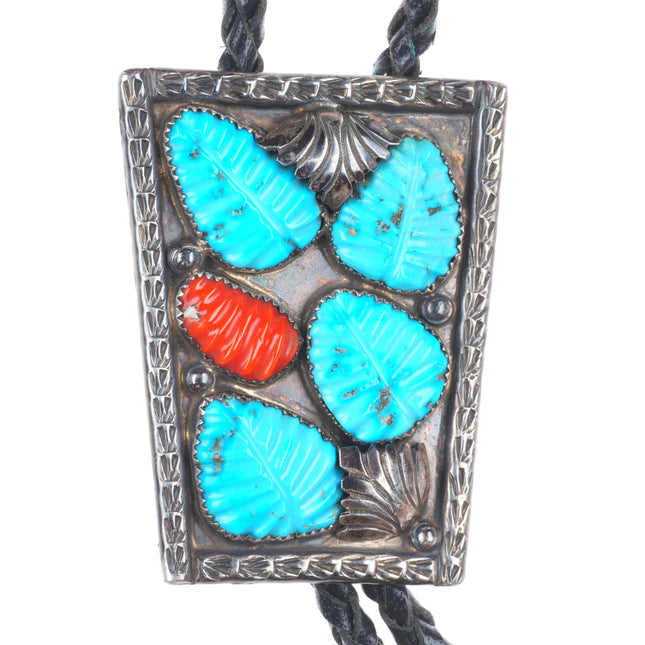 Big vintage Loyolita Tsatte zuni carved turquoise/coral sterling silver bolo tie