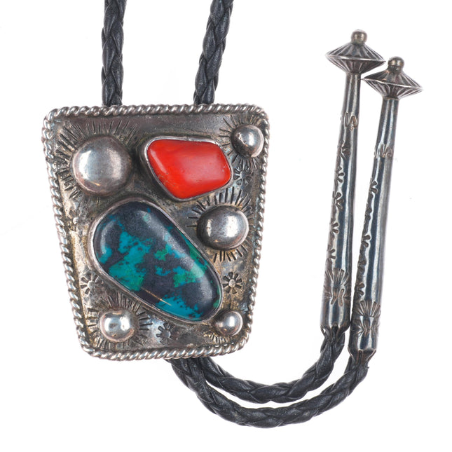 Vintage M Platero Navajo sterling silver coral/Chrysocolla bolo tie