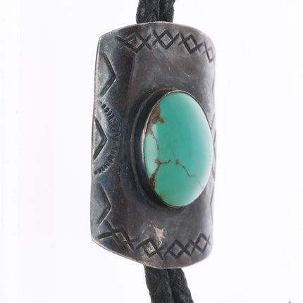 1950's Navajo hand stamped sterling silver green turquoise bolo tie