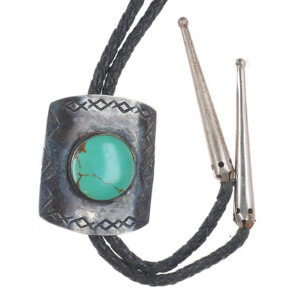 1950's Navajo hand stamped sterling silver green turquoise bolo tie