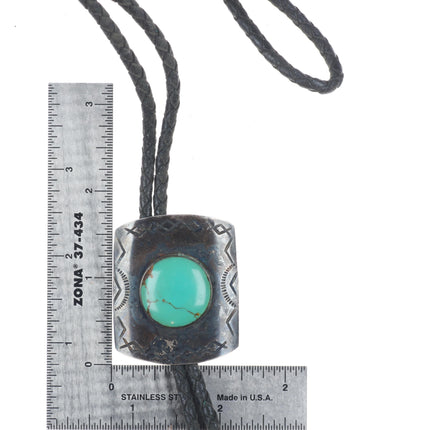 1950's Navajo hand stamped sterling silver green turquoise bolo tie