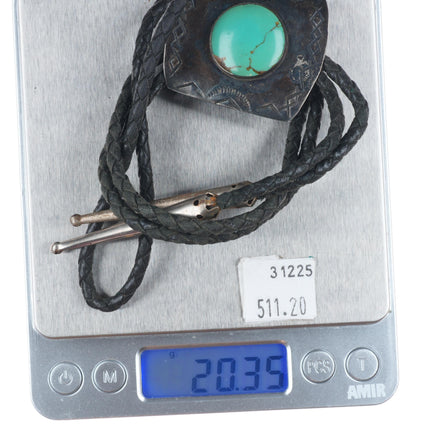1950's Navajo hand stamped sterling silver green turquoise bolo tie