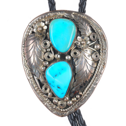 Roy B. Platero Navajo sterling silver 2 stone turquoise vintage bolo tie