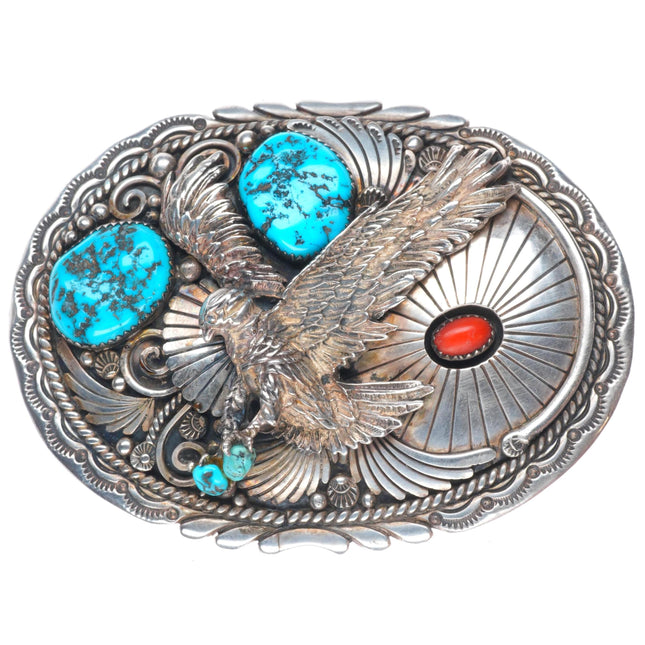 Chief Dodge vintage Navajo sterling silver turquoise/coral eagle belt buckle